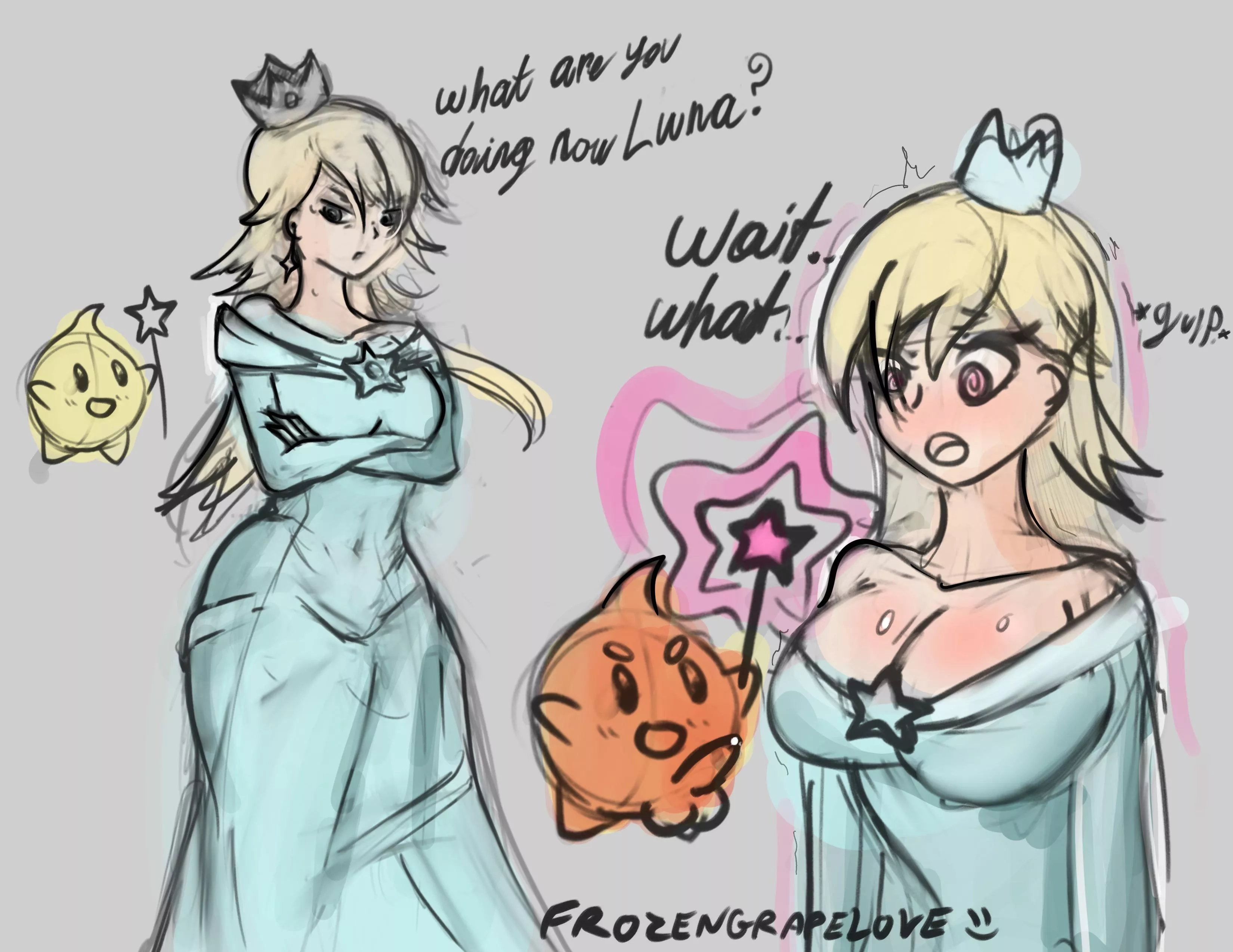 Rosalina falls victim to a mischievous Luna - Sketch (OC) (FrozenGrapeLove)