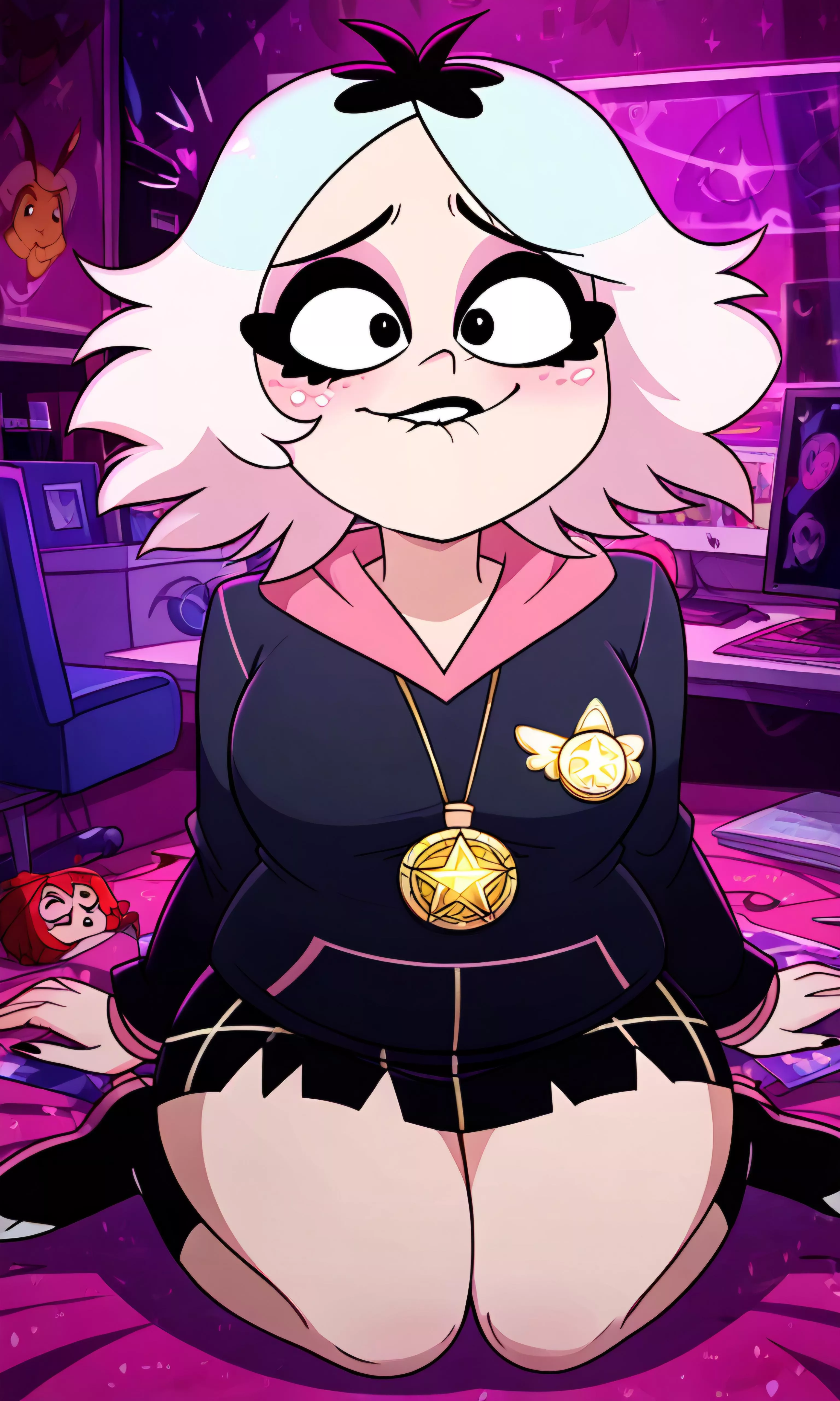 See that pendant? She has the protection of the angels and thus is allowed to be among them here.