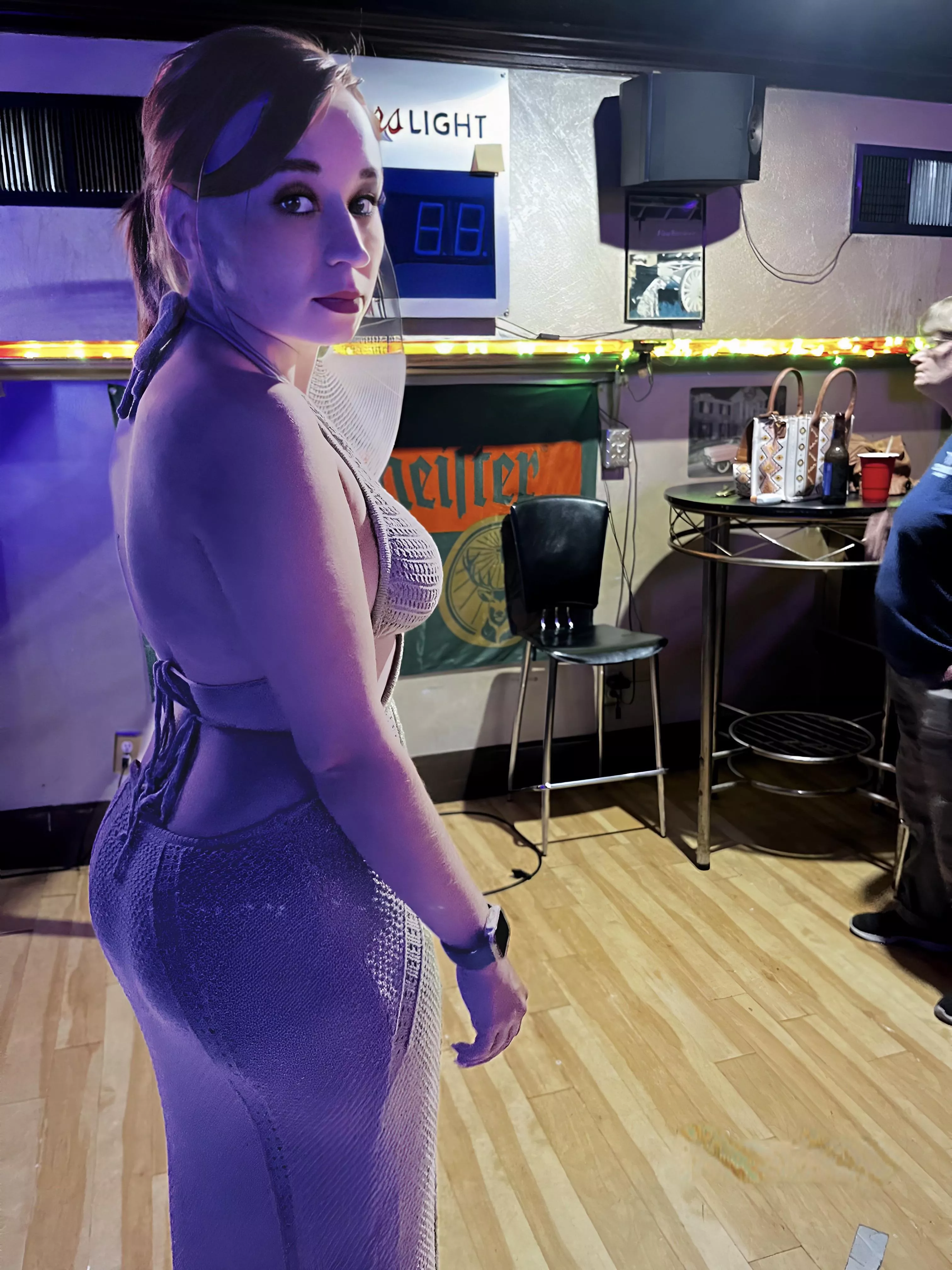 See through dress with low back at the bar. My favorite so far