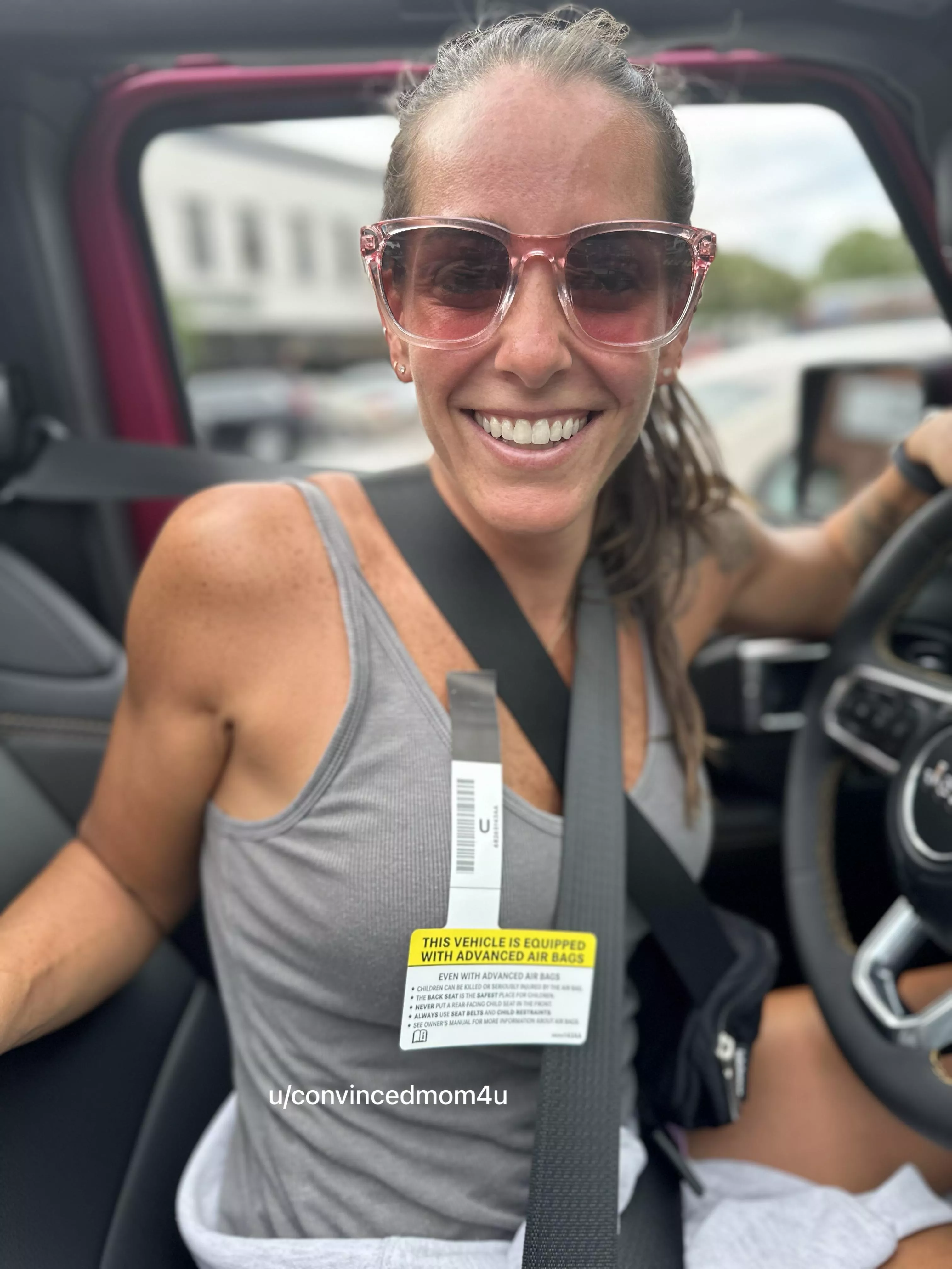 So I got a new vehicle and hubby took this off the dash and put it on my chest! 😂 “This vehicle is equipped with advanced air bags” Ironically fitting since I’m the vehicle available to test drive 😳🤭😉🤪