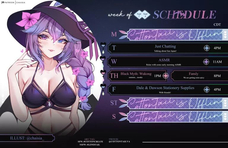 Stream Schedule: Sept 2 - 8