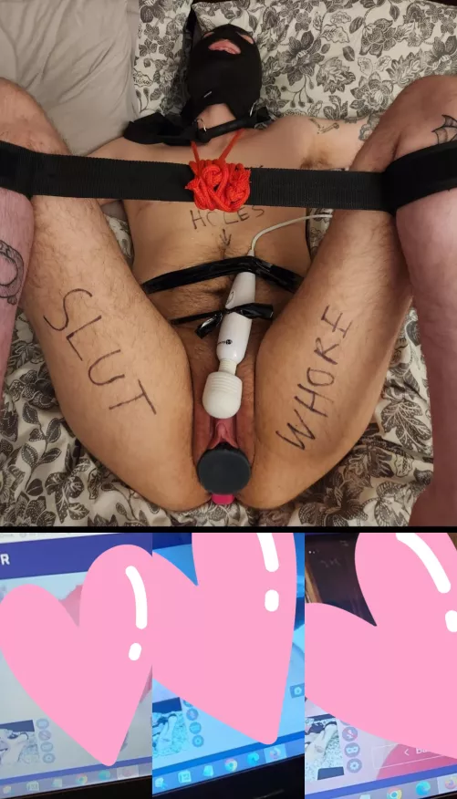 The other night. I tied my boyfriend up, plugged his hole with a knot toy, and then turned a webcam on him and let LOADS of guys jack off to him one after another. What a slut right ? 