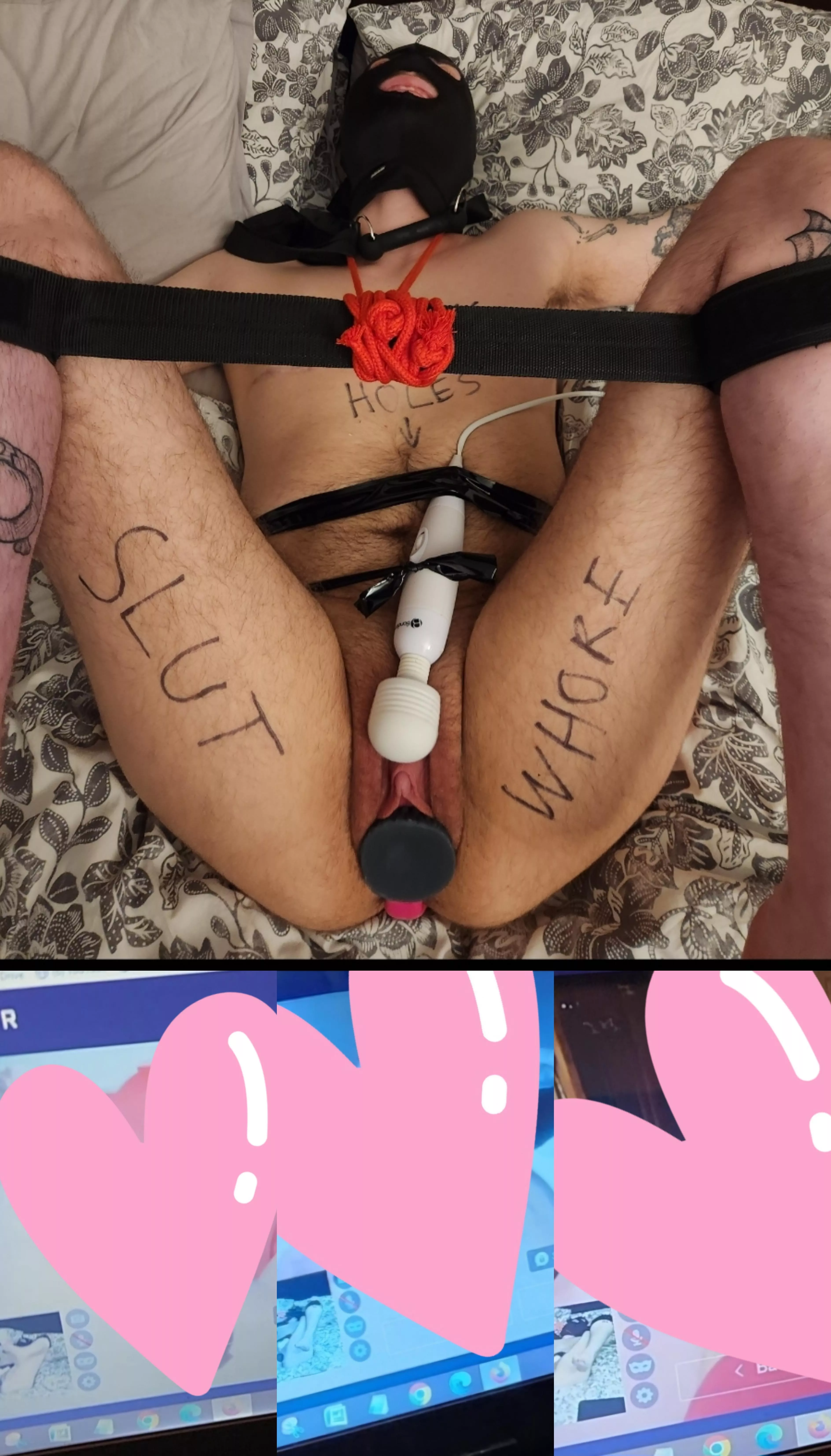 The other night. I tied my boyfriend up, plugged his hole with a knot toy, and then turned a webcam on him and let LOADS of guys jack off to him one after another. What a slut right ? 