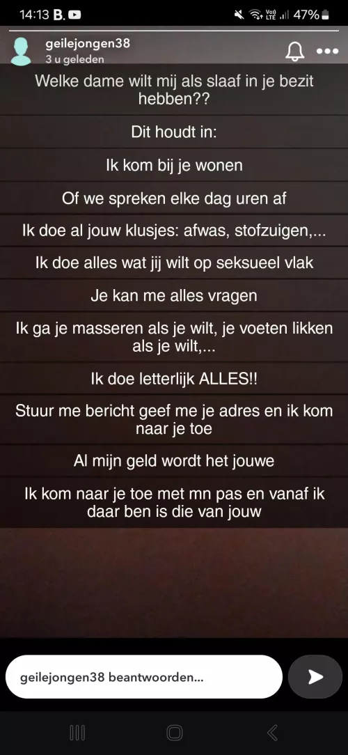 Voeg deze man als je een slaaf wilt hij is 18 jaar