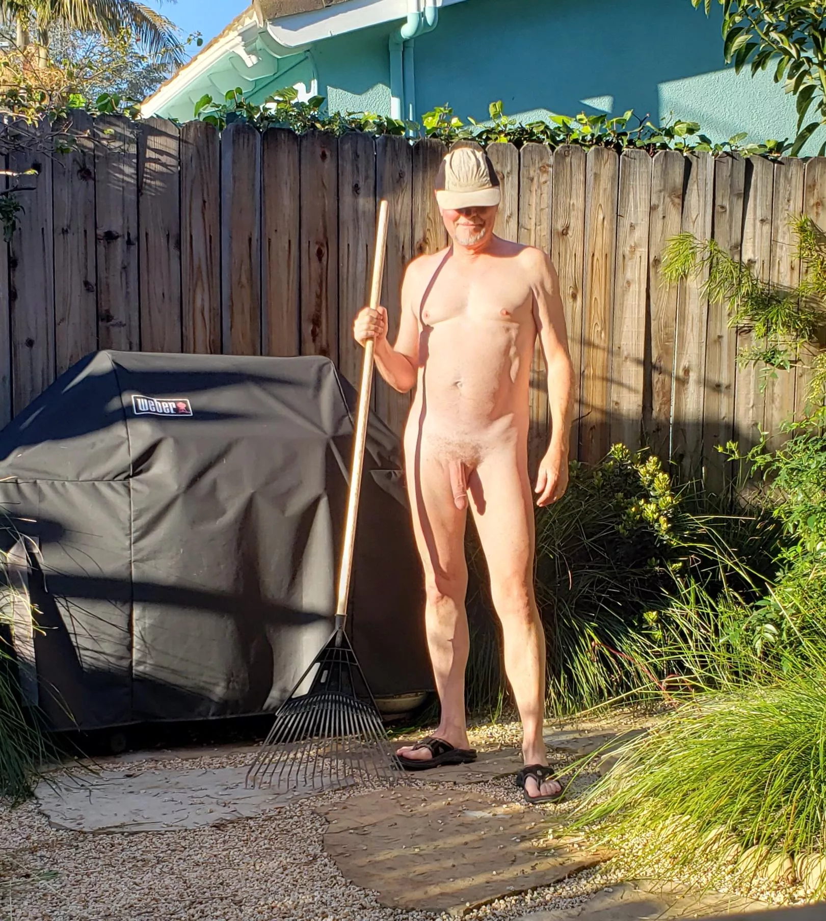 Yard work seldom requires clothes.