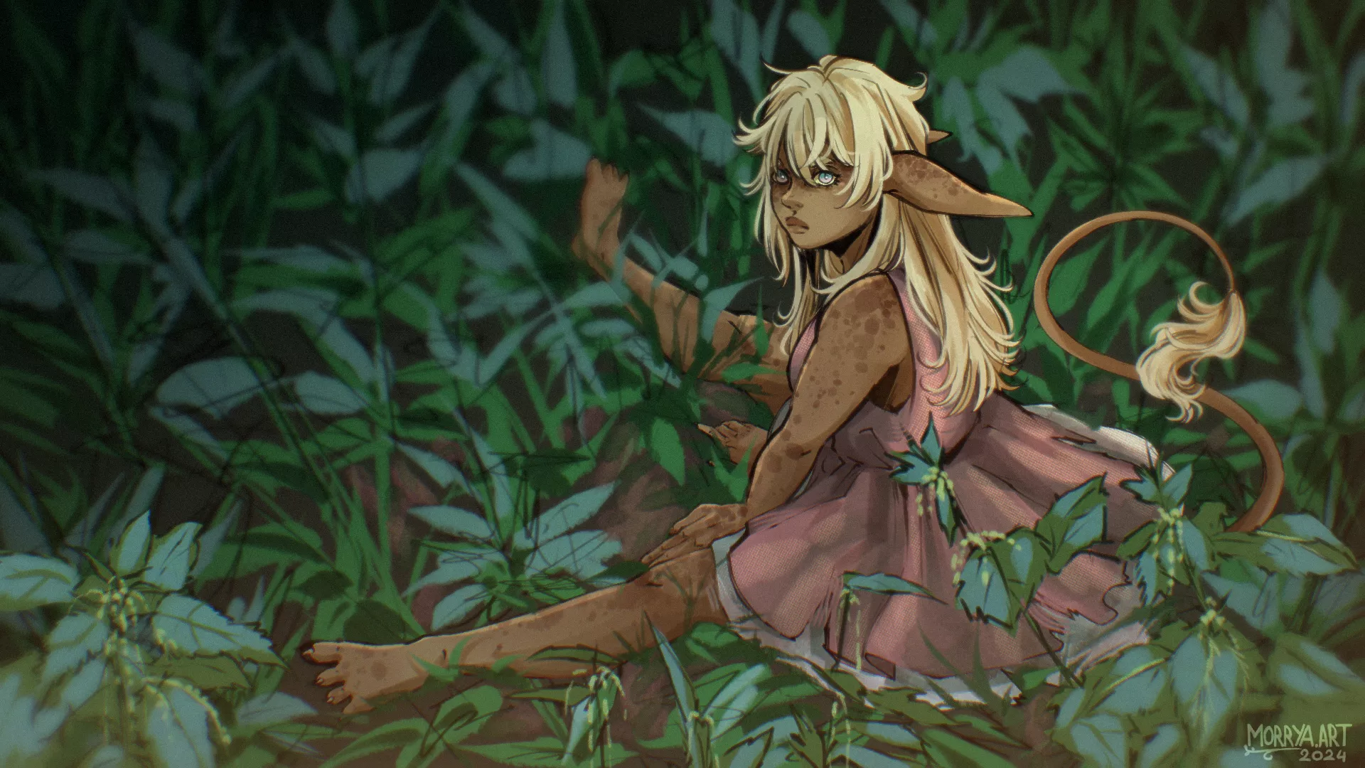 Amara the feral goblin in a field of nettles