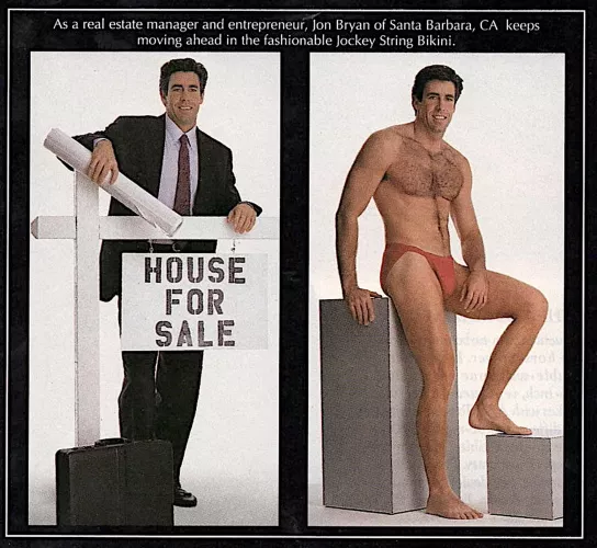 Another old Jockey ad that I found over the weekend, this time from 1992. That’s a very sexy red “string bikini.” I wonder how many men in 2024 wore one under their suit today?