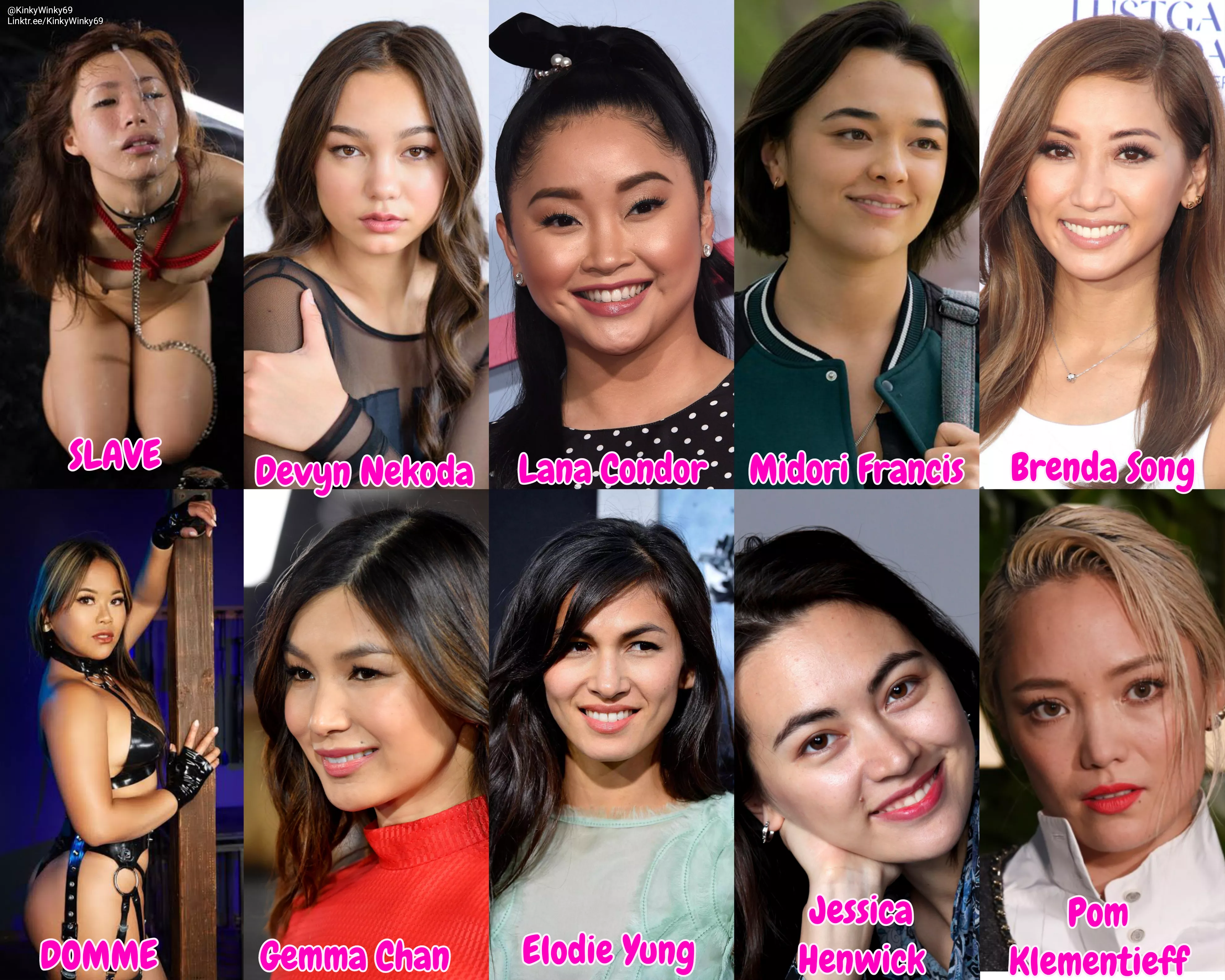 Choose one girl from the top column to be a slave and one from the bottom column to be her dominatrix