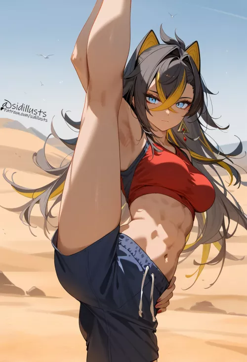 Dehya is doing some stretching [unknown] 