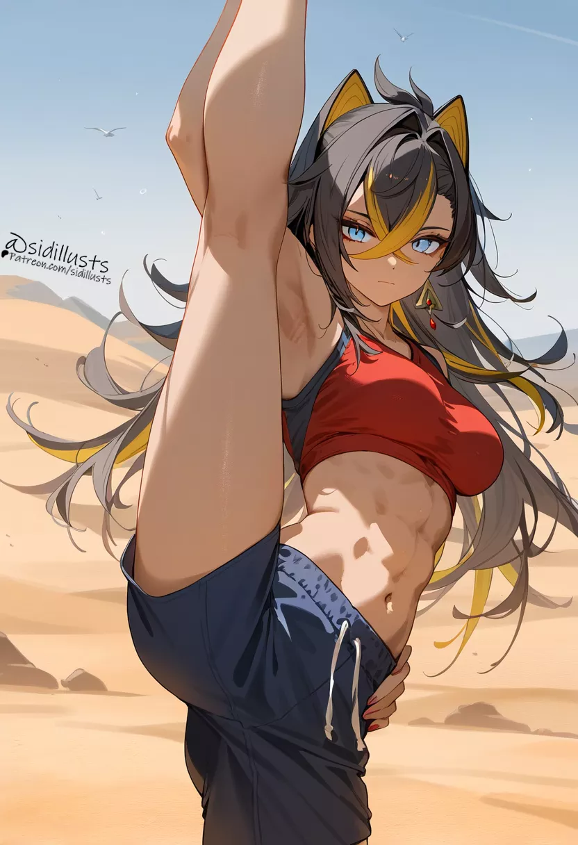 Dehya is doing some stretching [unknown] 