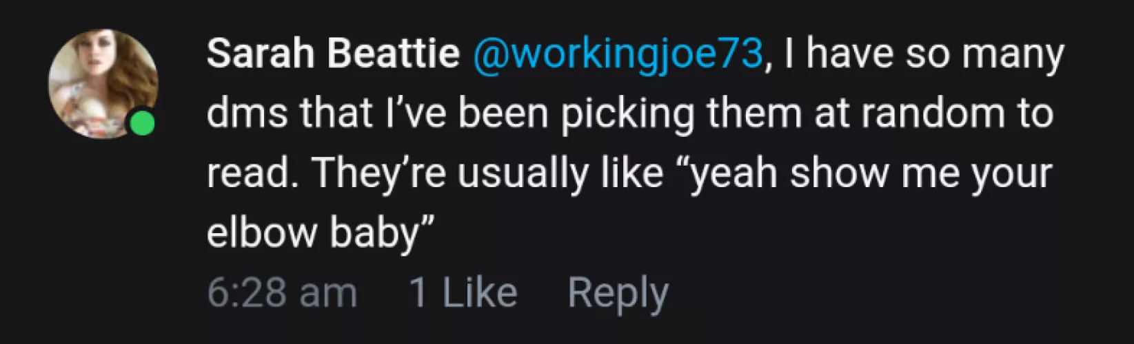 Just thought I'd post this in case anyone had sent Sarah a DM on OF and hadn't had a response