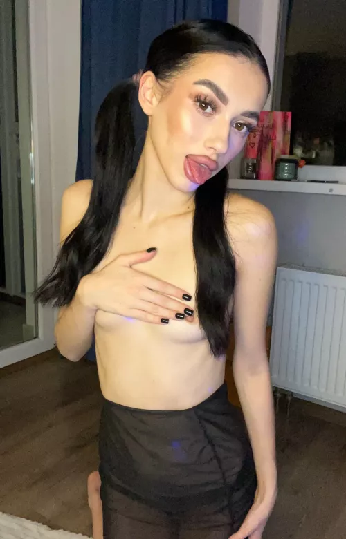 One hand covers my small tits… but how long will that last