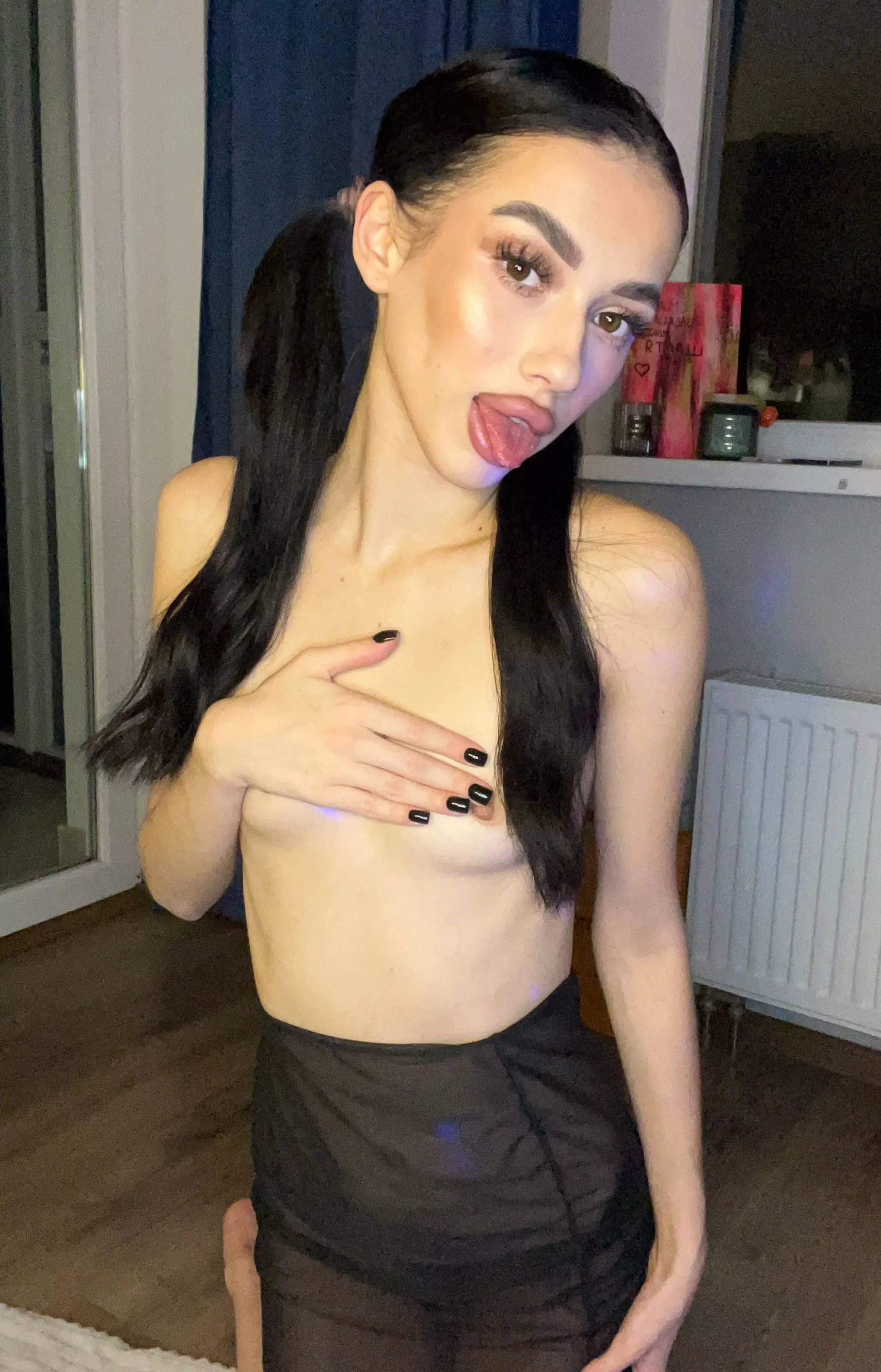 One hand covers my small tits… but how long will that last