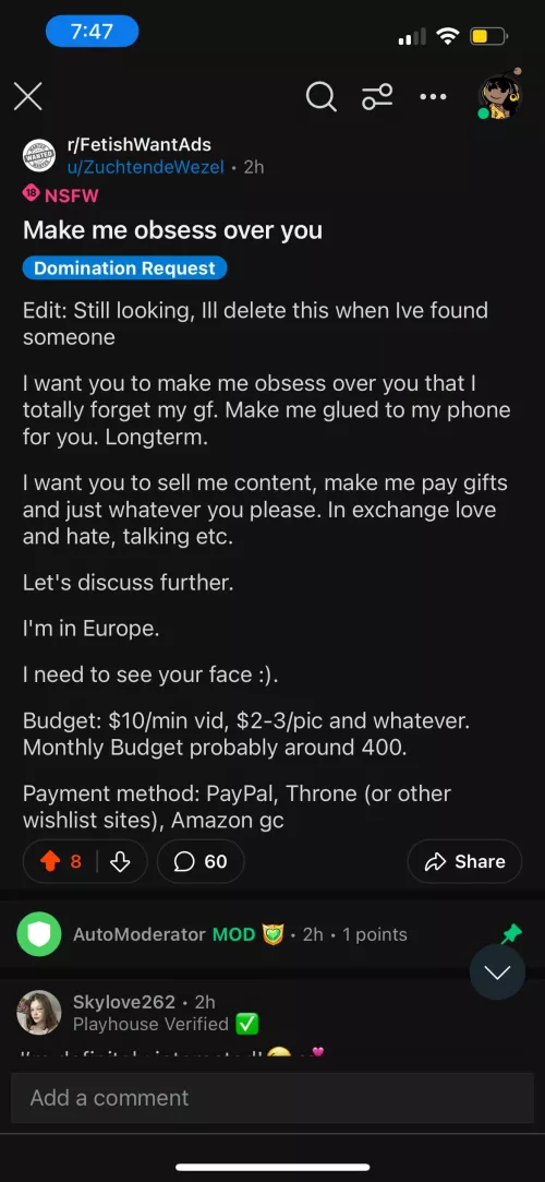 U/ZuchtendeWezel is a scammer/weirdo who talks to women, lied about payment then deleted his accounts.