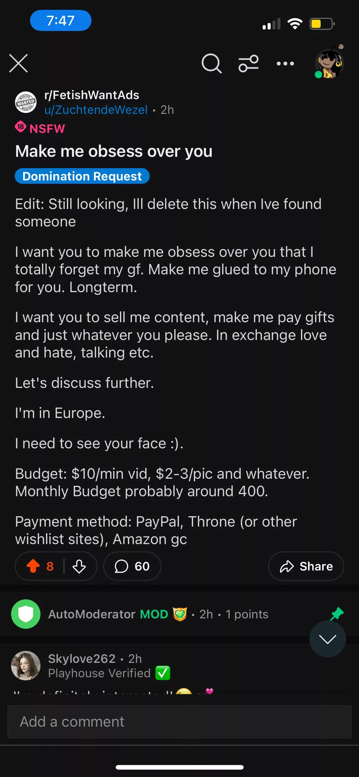 U/ZuchtendeWezel is a scammer/weirdo who talks to women, lied about payment then deleted his accounts.