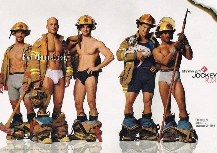 Another Jockey ad from the archives, this time it’s firefighters from 1999. No bikini briefs this time, but at least two of them are in briefs. 