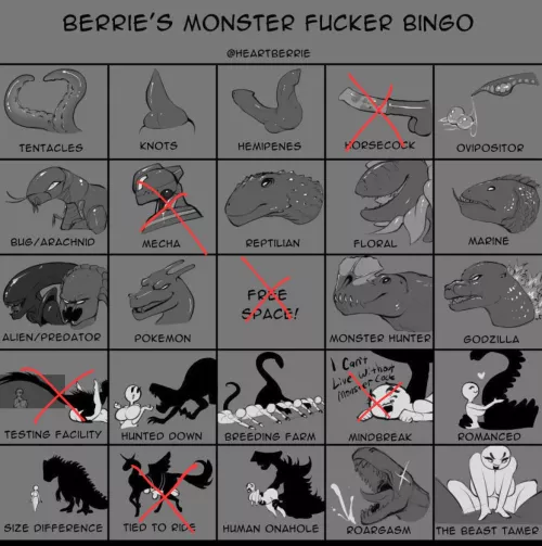 [F4A] monster fucker here looking to get bingo~ please bring at least one available kink~(some like mimd break can be repeated)