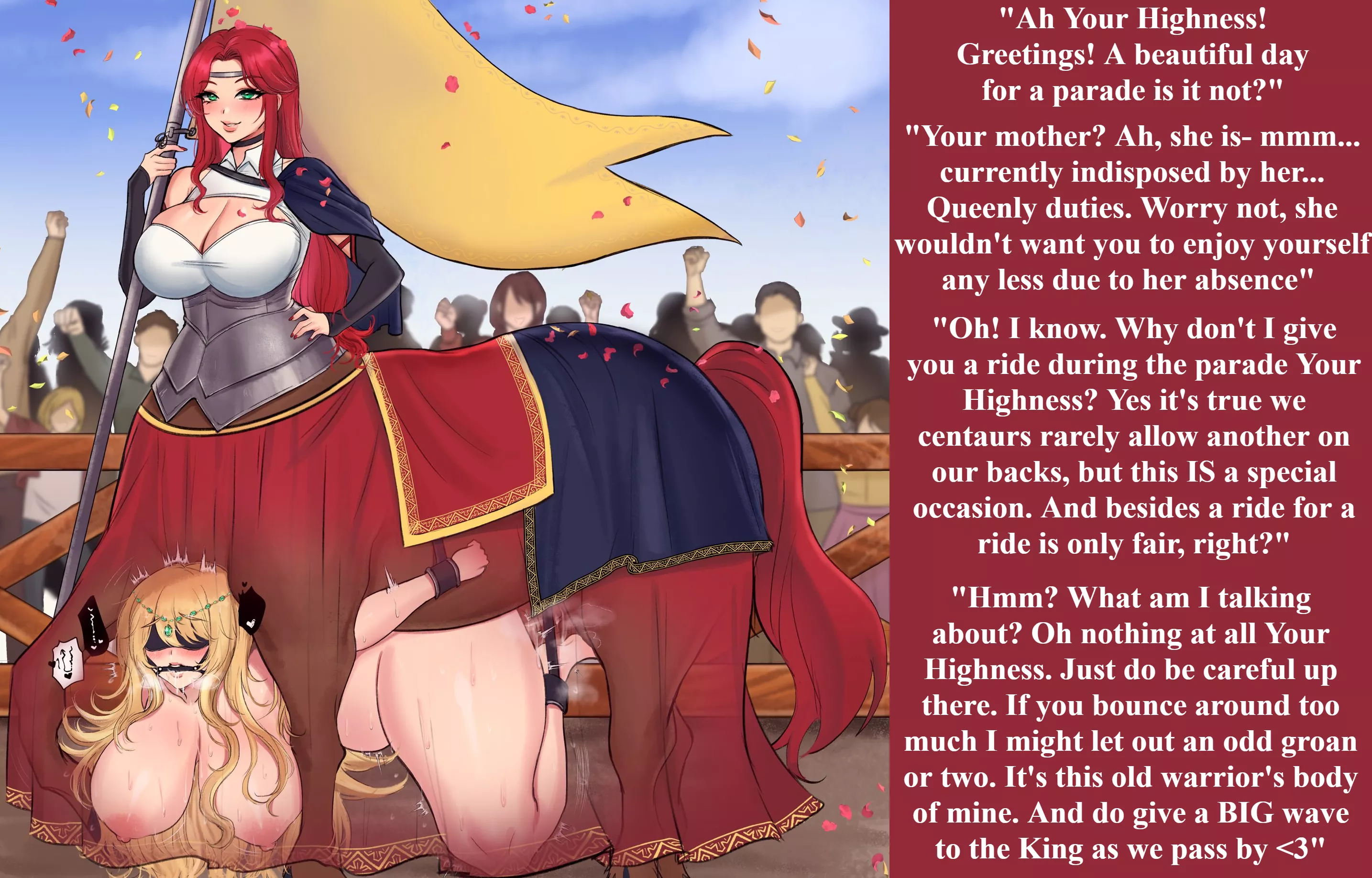 Joining the Queen's Centaurion Guard at the royal parade. [Futa on Female] [Centaur] [MILF] [Hidden Sex] [Public] [Bondage] [Undercarriage] (Artist: Sren244)