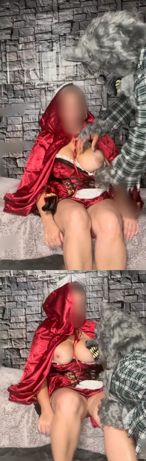 Little Red had been struggling to get away from the big bad wolf. Wolf wanted Little Red to know the consequences of not doing what she was told. “Fight me again and the pain will be much greater” he said as he clamped down on her nipple with his big