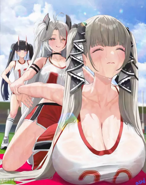 Prinz Eugen helping Formidable exercise. Noshiro is just staring in the background.