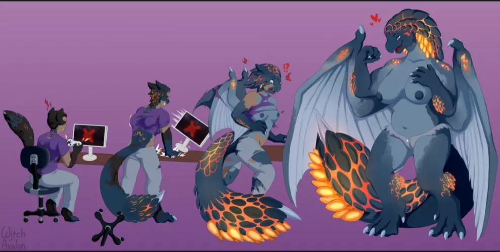 “Rage Quit, Get Fit” Monster Hunter Anthro Bazelgeuse TFTG by WitchofAvalon