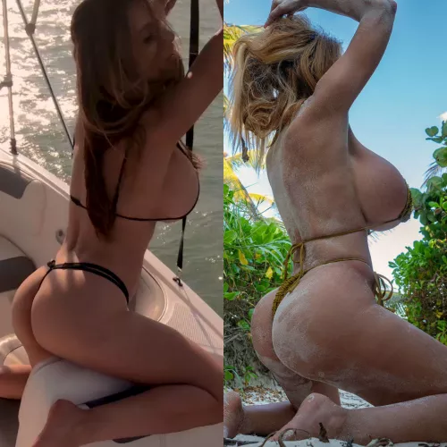 2018 Left (Natural Butt &1500cc Boobs) versus 2024 Right (BBL Butt Implant Sculptra Injected Butt & 2500cc Boobs). Both w/weight training to maintain my toned up Body. Fitness alone could have never given me my Curvaceous Bimbo Body. Bimboficatio