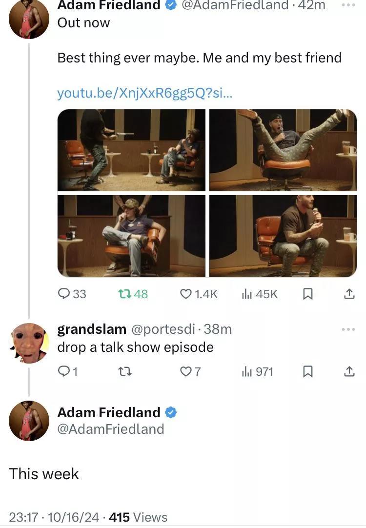 Adam says a new talk show episode drops this week 