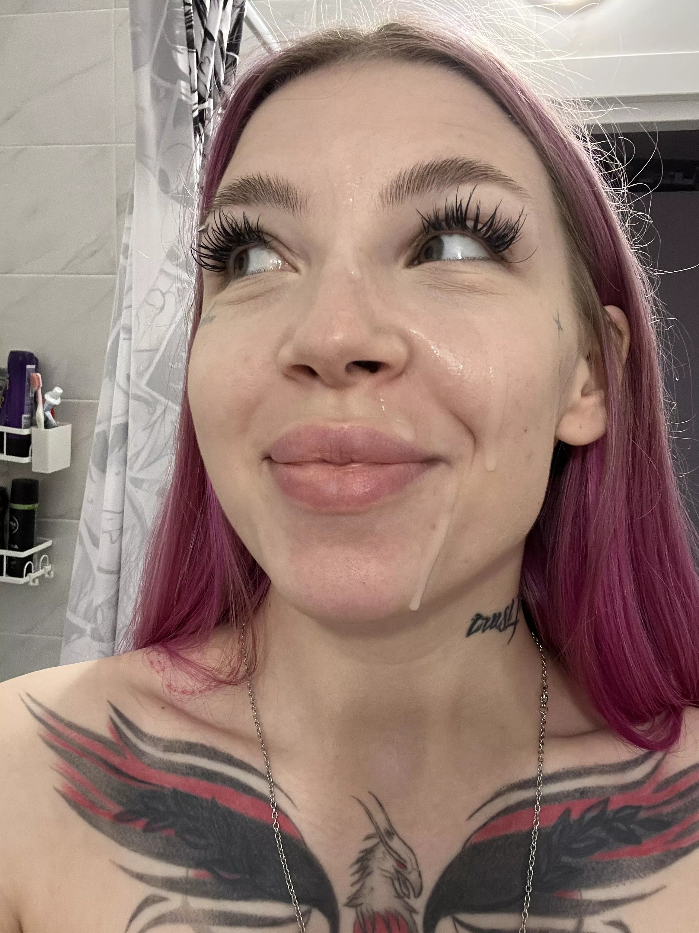 cum dripping down my face after I gave a guy a blowjob