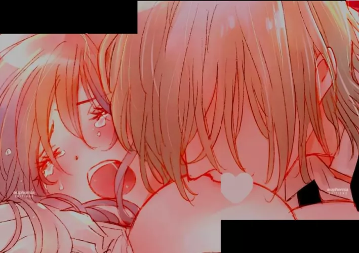 LF Color Source: open clothes, orange hair, closed eyes, open mouth, blush, saliva, upper teeth only, tears, censored nipples, breasts, 1girl, 1boy, breasts sucking, blonde,