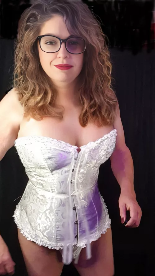 Sexy white basque, stockings & glasses 