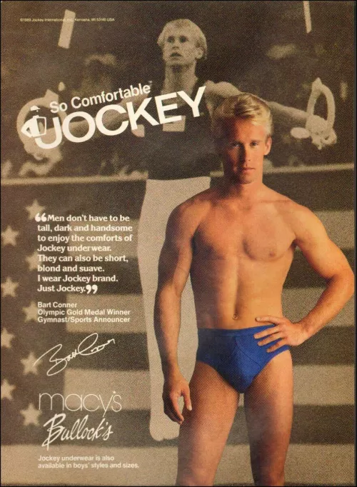 I do have one final Jockey ad to share, from 1989 this time. Gymnast Bart Conner, wearing some very nice blue briefs, tells us he only wears Jockey. 