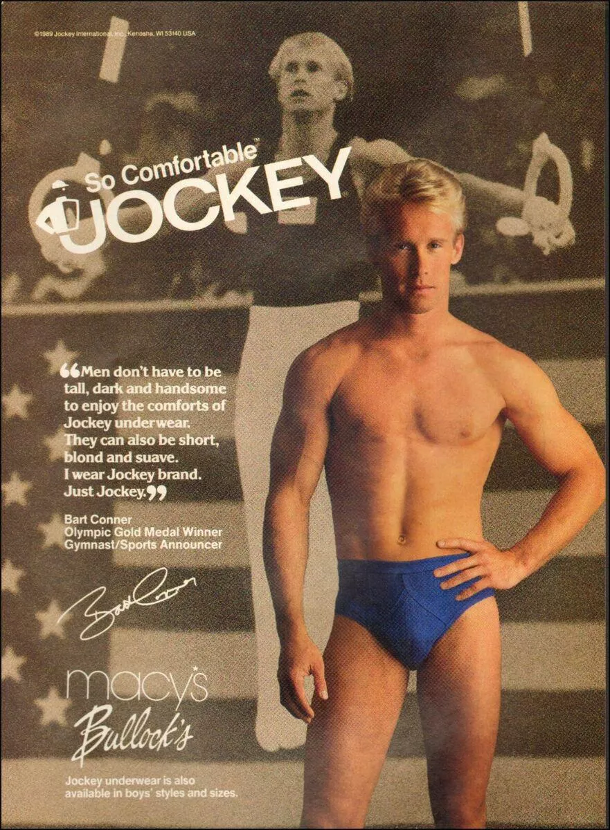 I do have one final Jockey ad to share, from 1989 this time. Gymnast Bart Conner, wearing some very nice blue briefs, tells us he only wears Jockey. 