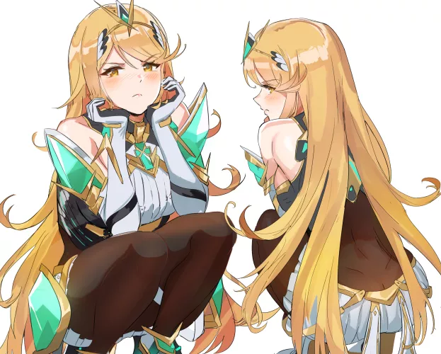 Mythra sitting down in her black leggings (or stockings or pantyhose or tights) (@OrmilleF) [Xenoblade]
