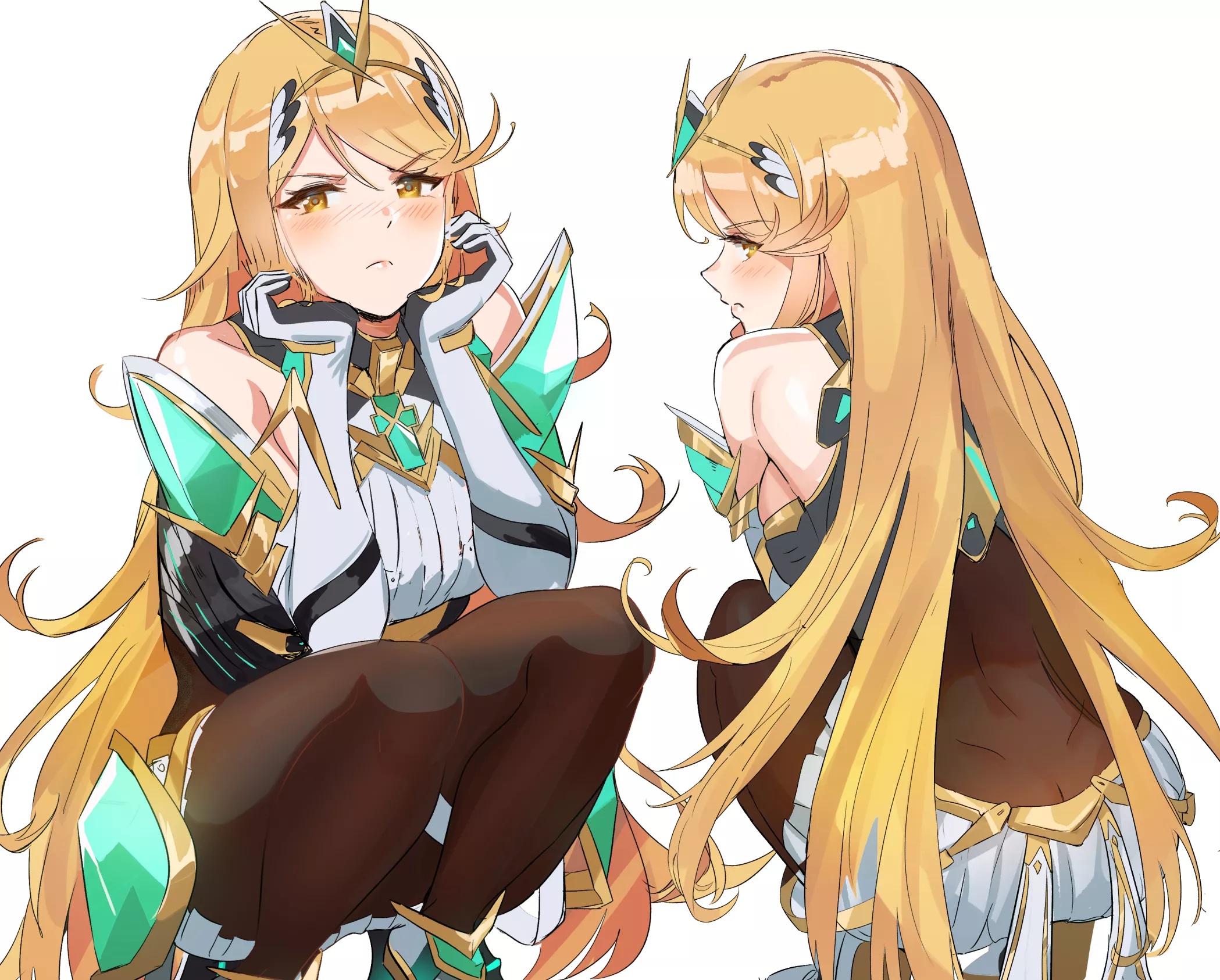 Mythra sitting down in her black leggings (or stockings or pantyhose or tights) (@OrmilleF) [Xenoblade]