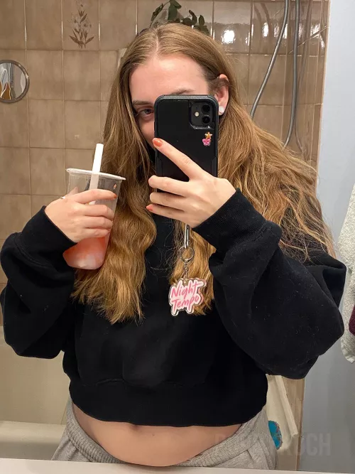 Oops~ My potbelly is sticking out - So full of bubble tea again!~