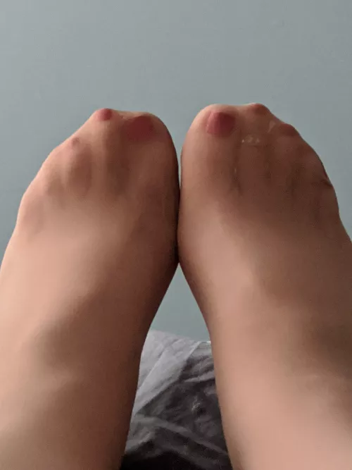 Suntan pantyhose with dark pink toe polish and toe ring - image