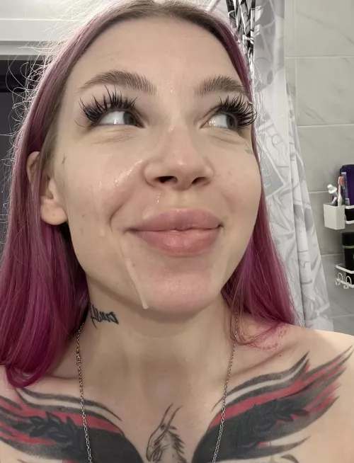 cum dripping down my face after I gave a guy a blowjob