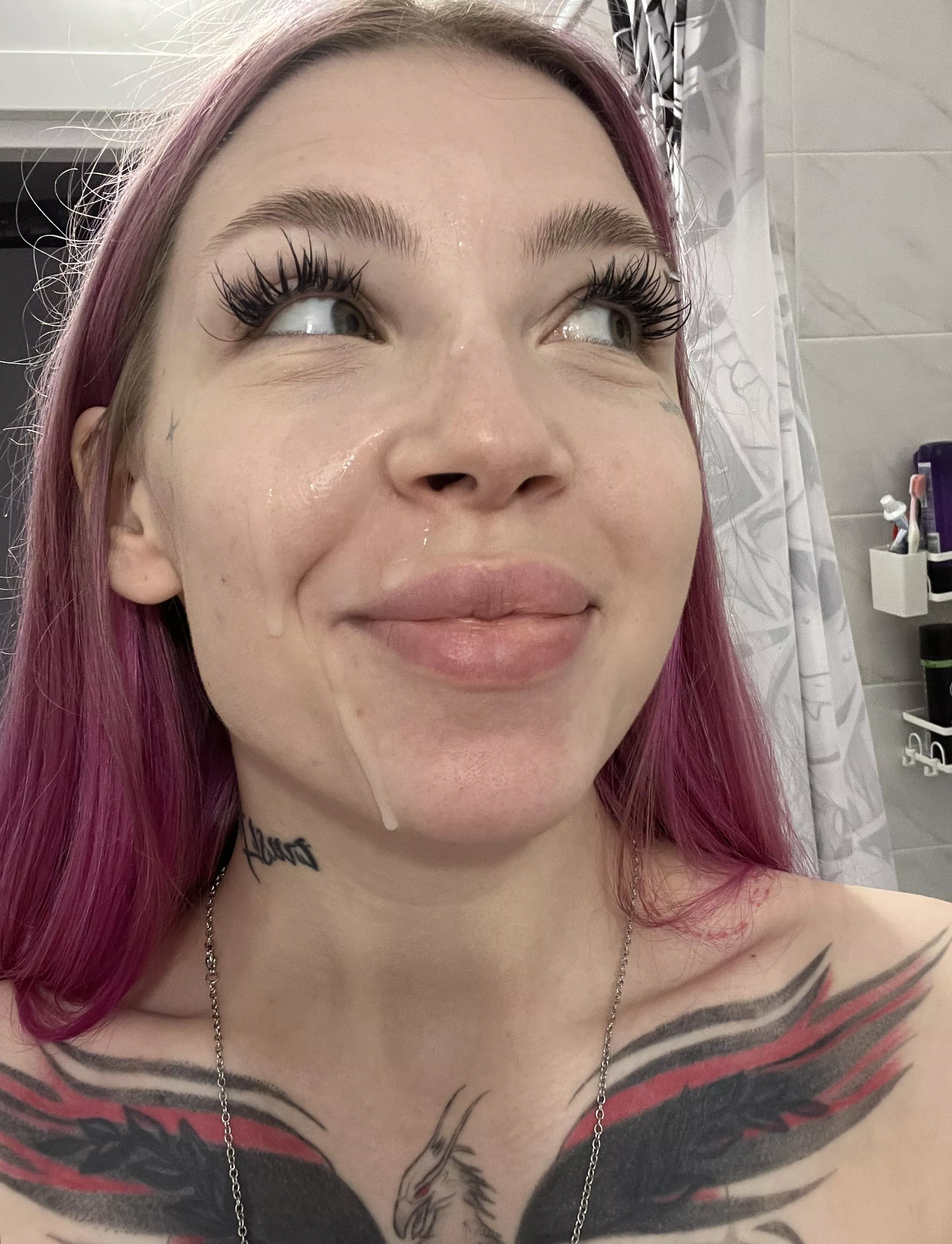 cum dripping down my face after I gave a guy a blowjob