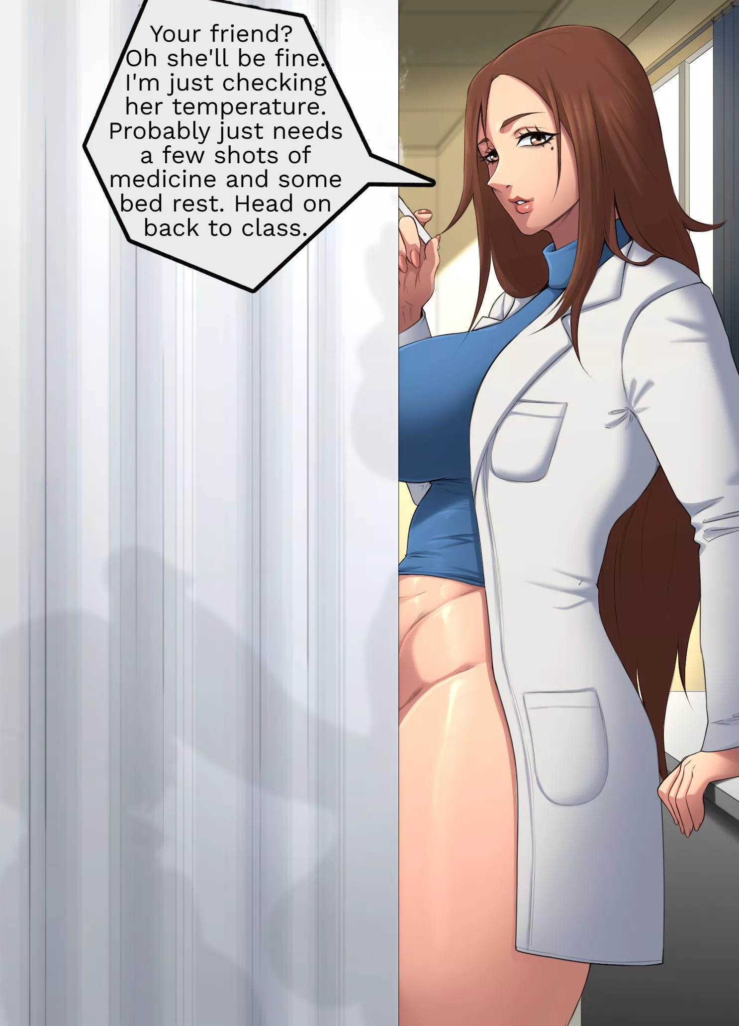 Escorting your crush to the infirmary thinking you might get an opportunity to get closer, only to be quickly shooed away by the nurse (Artist: Vicsenpai)