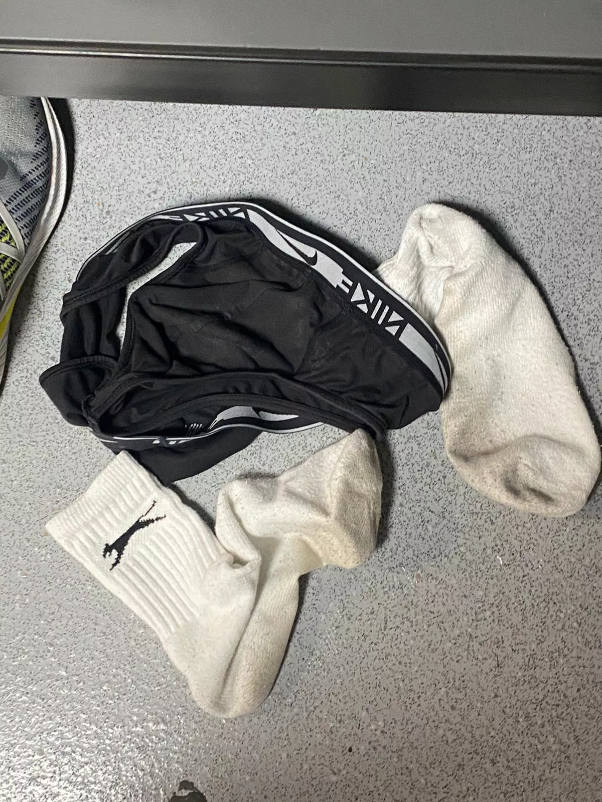 Post workout. Sniff my sweaty worn socks and brief… 