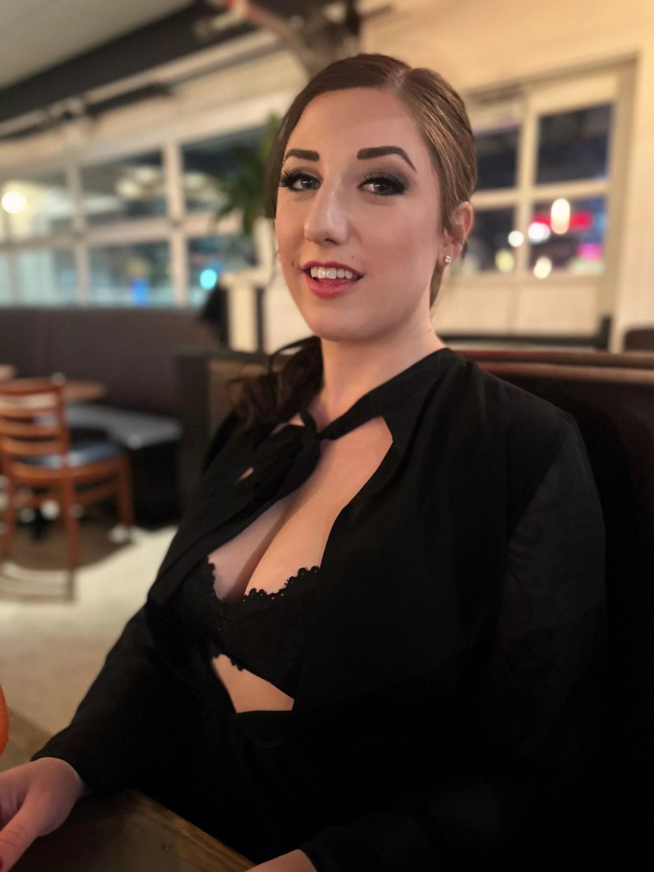 Showing off my favorite bra in public. The waiter had a very hard time keeping eye contact with me. I didn't mind. It's a kink of mine to push what's 