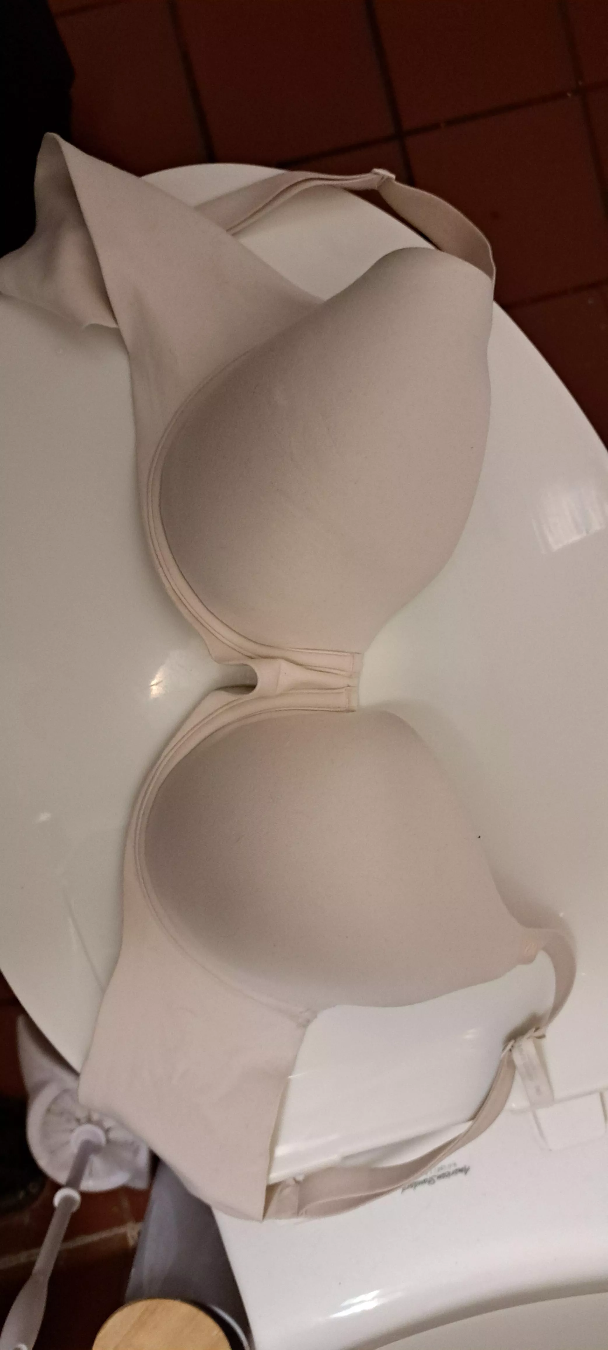 Wish I took a pic of the other side before loading on them but I'm really surprised she hasn't washed this bra yet. Still had my cum stains on them
