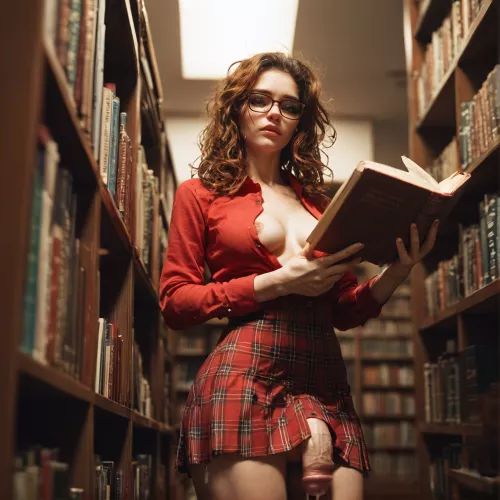 You bend down to grab your book and look up and see the librarian looking at you, you see what she was hiding all along.
