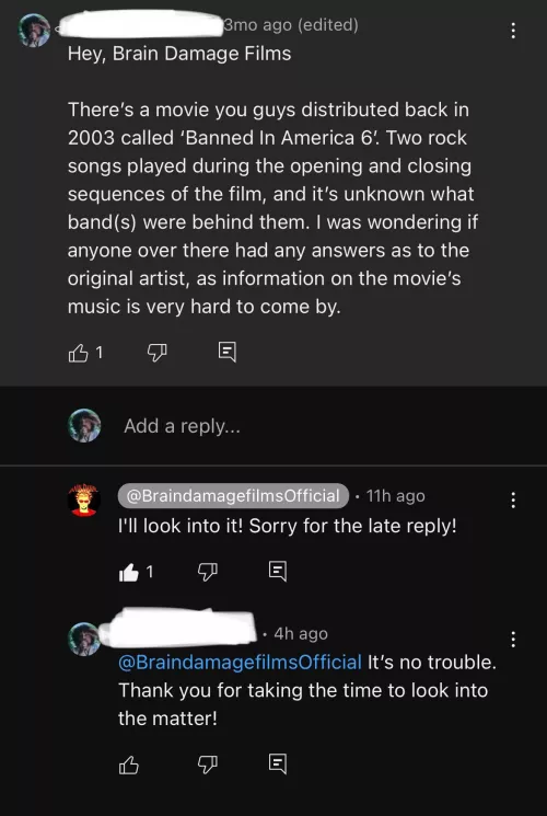 Apparently I had written a comment a few months ago at Brain Damage Films, regarding ‘Banned! In America VI’ and completely forgot about it. Yesterday, I suddenly got a response from them saying they’d look into the matter. But now today, their cha