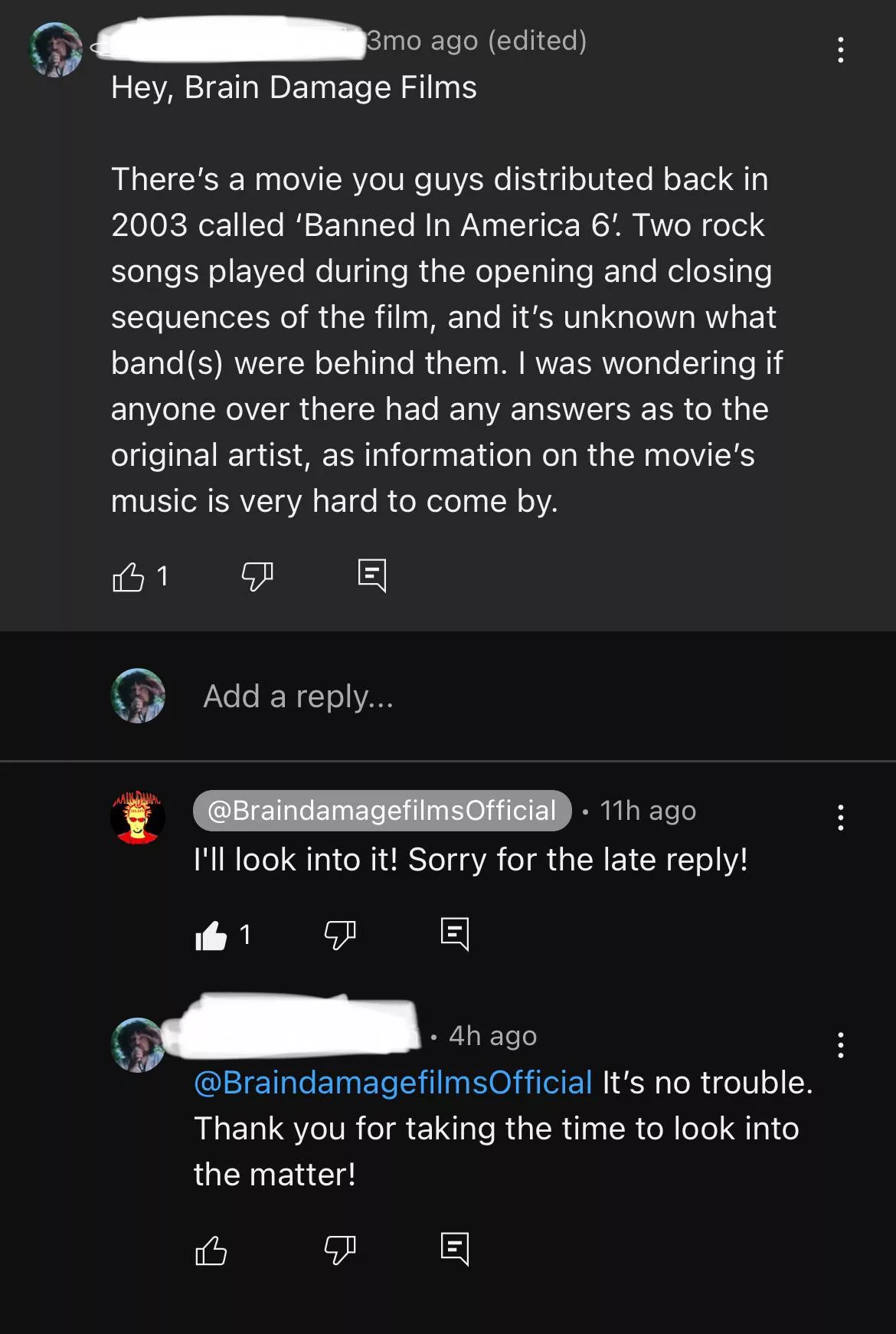 Apparently I had written a comment a few months ago at Brain Damage Films, regarding ‘Banned! In America VI’ and completely forgot about it. Yesterday, I suddenly got a response from them saying they’d look into the matter. But now today, their cha