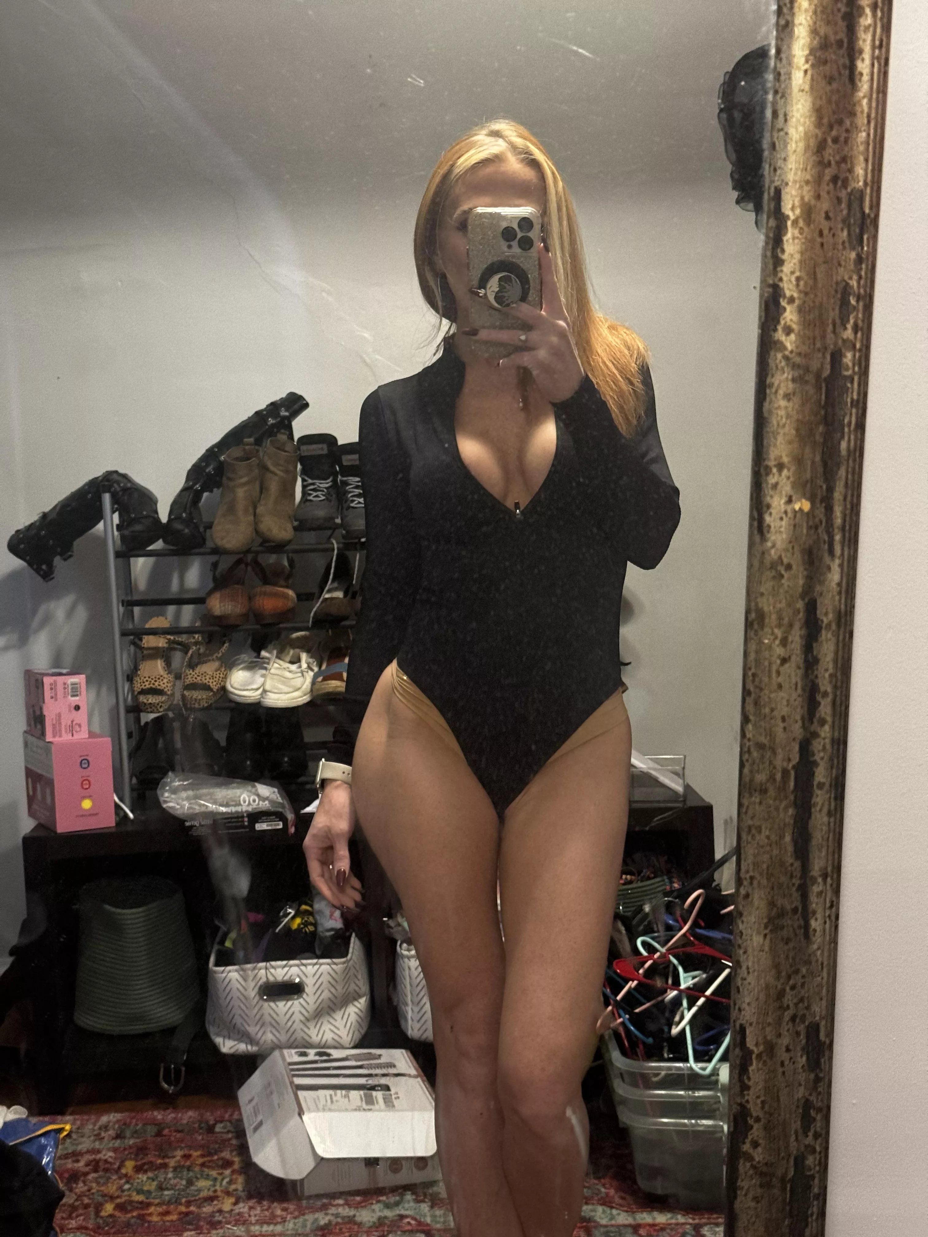 Casually walking around in a bodysuit while my husband hosts a watch party