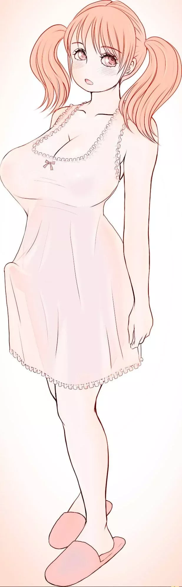 Color: 1girl, orange hair, twintails, standing, huge breasts, penis, pink slippers, blush, looking at viewer, bangs, orange eyes, futanari, cleavage 