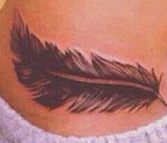 I'm looking for a blonde with big tits and a large tattoo of a feather on her mons pubis, it's like the following tattoo: