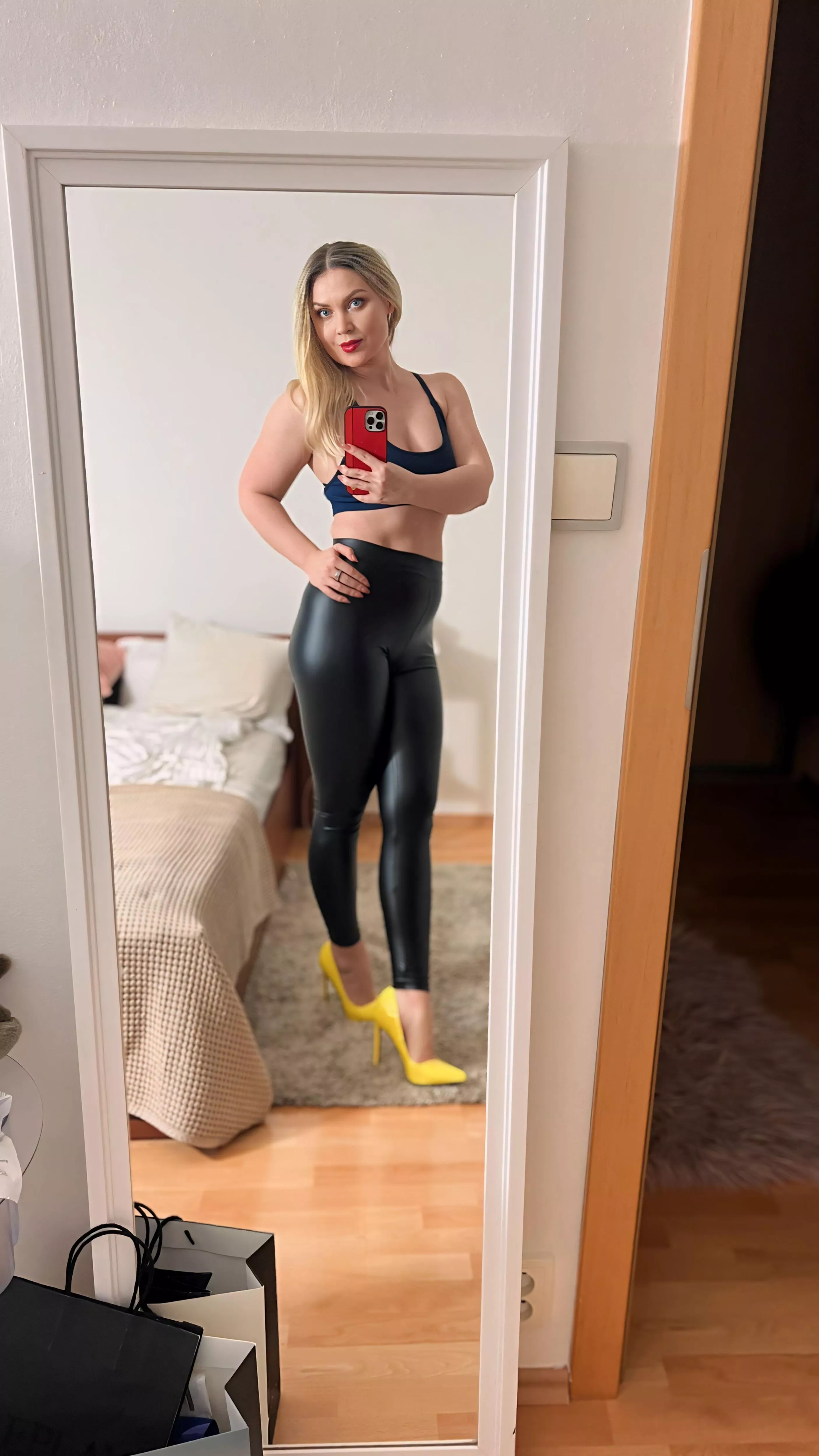 Leather leggings and heels, ready for a night out on the town