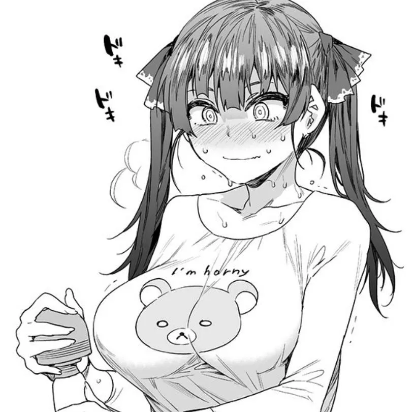 LF mono source: woman in a sweater with bear that says “I’m horny”, holding a vibrator